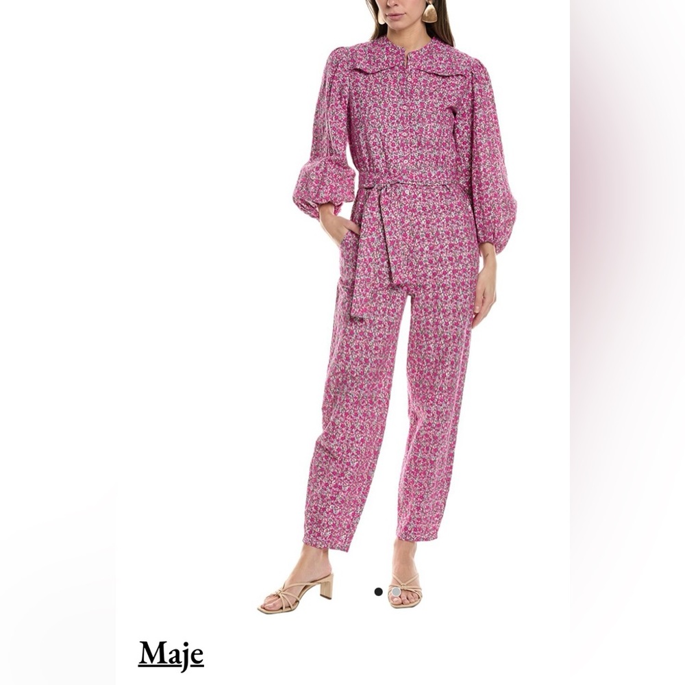 Maje Pink Floral Jumpsuit with Puff Sleeves